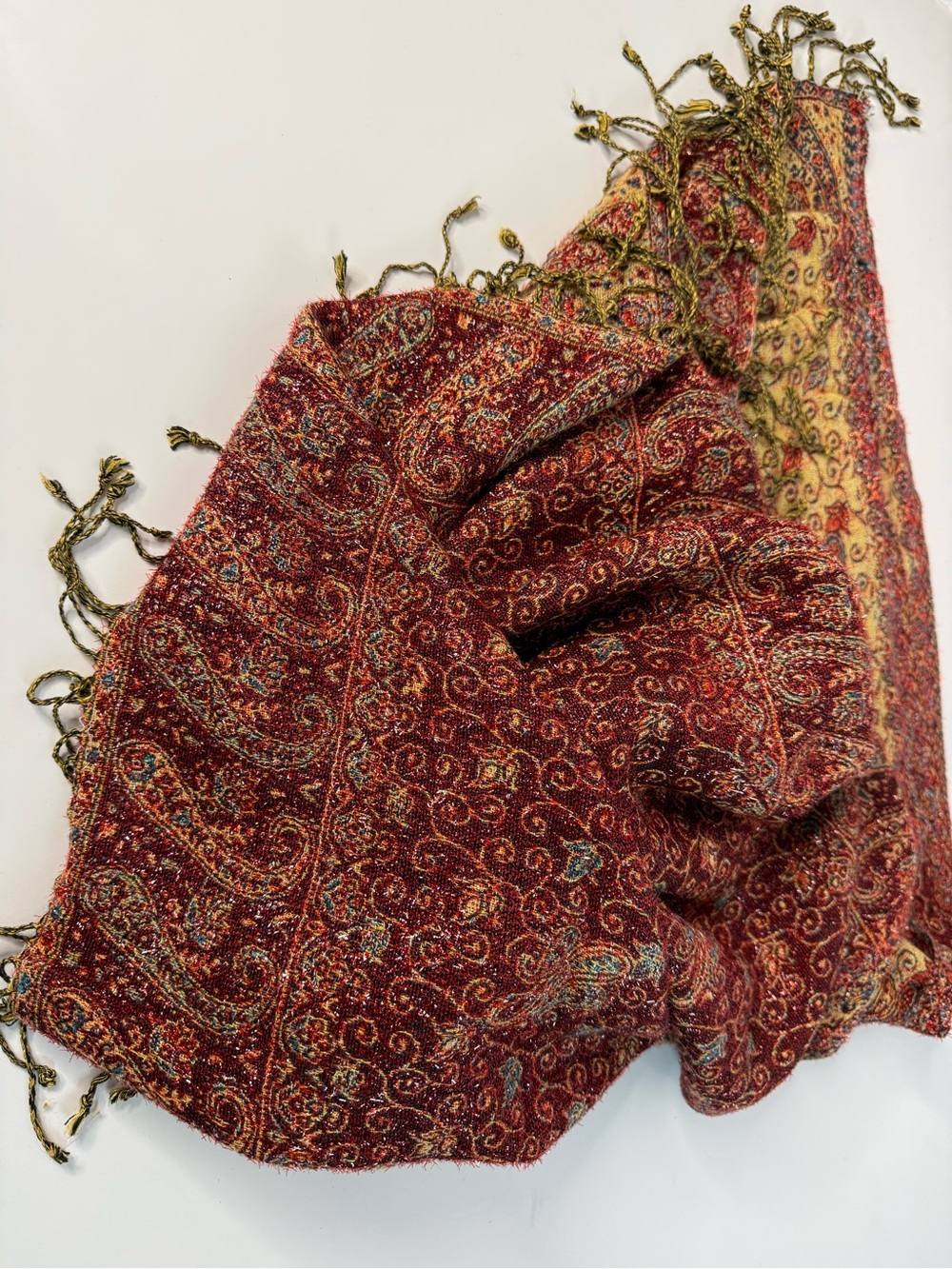 BINDYA 27” x 73” Metallic Thread Rust Gold Jaal Paisley
Reversible Shawl Wrap - Picture 13 of 16